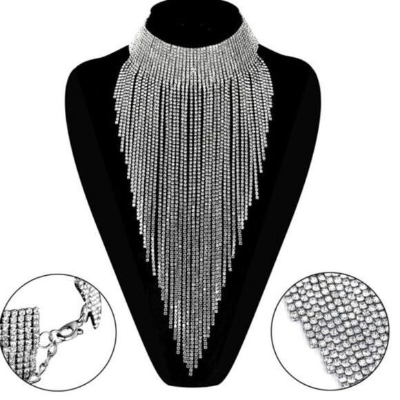 Long SIlver Crystal Rhinestone Adjustable Bib Collar Choker Party Necklace - Picture 2 of 7